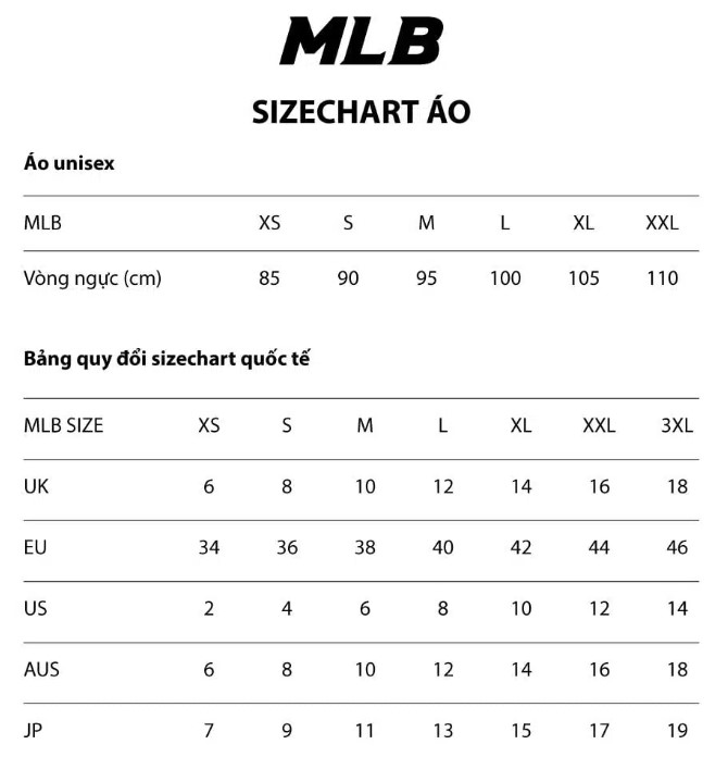 Bang size ao thun nam MLB - Cách chọn size áo thun Nam